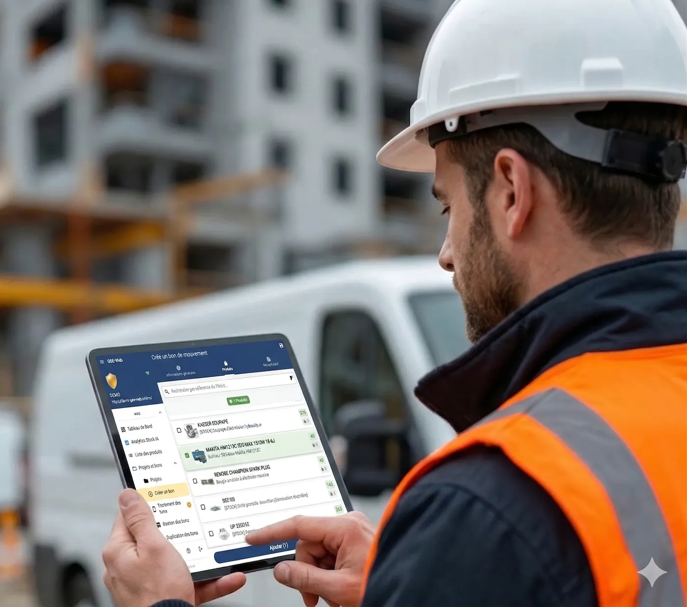 Commercial créant une réservation sur tablette, chantier BTP, client à côté