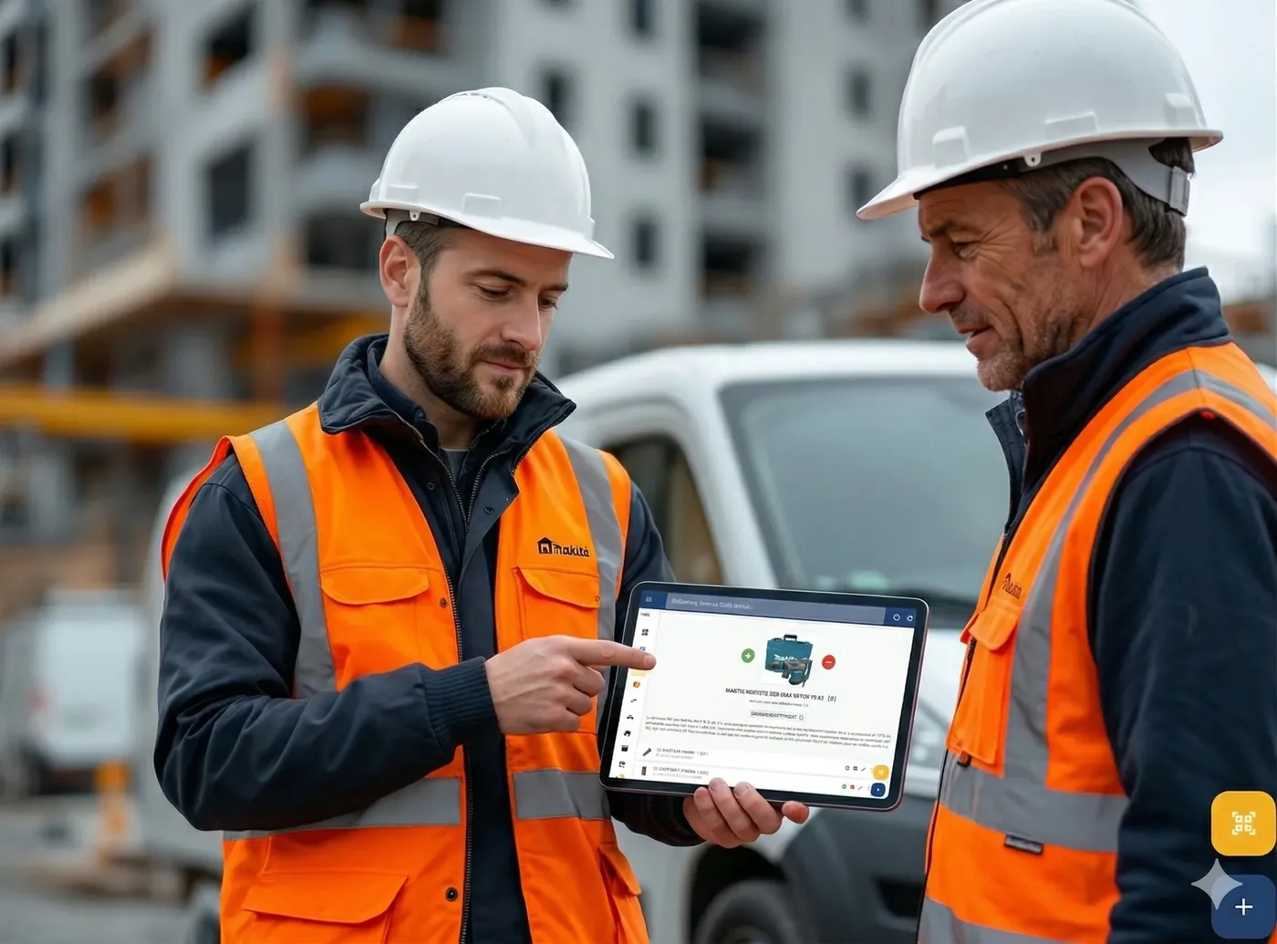 Commercial montrant l'écran GSE-Web à un chef de chantier, disponibilité stock visible, ambiance terrain