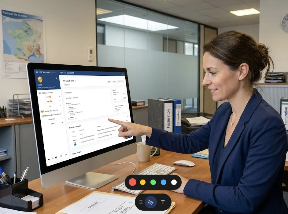 Image IA : Employée de bureau passant commande sur ordinateur, interface GSE-Web visible avec suivi de commande