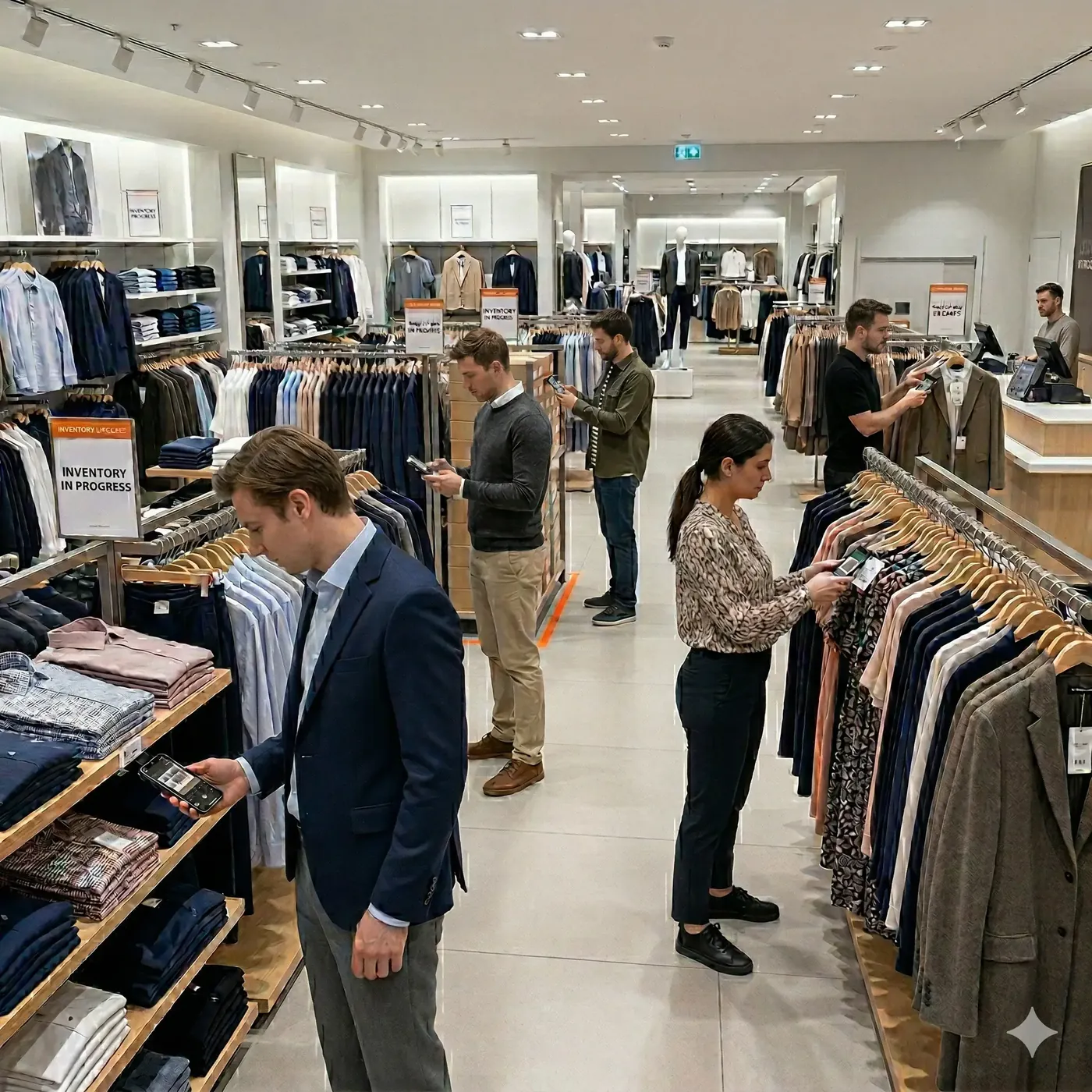 Inventaire collaboratif — équipe scannant des produits avec smartphones