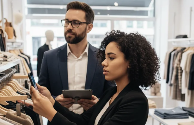 Deux personnes font l'inventaire d'un magasin, l'une avec un smartphone, l'autre avec une tablette
