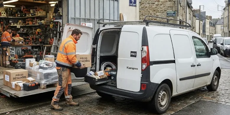 Technicien chargeant des pièces détachées dans son véhicule d'intervention devant le magasin, réapprovisionné par une dotation GSE-Web