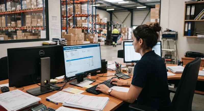 Responsable administrative établissant une facture client dans GSE-Web, depuis un bureau donnant sur l'entrepôt