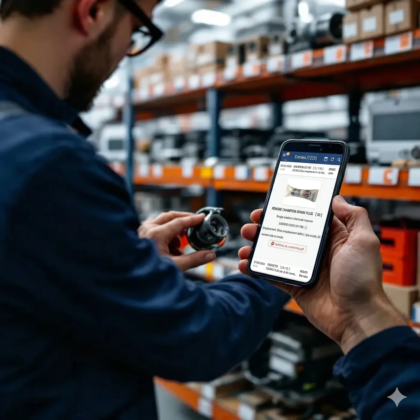Magasinier scannant une pièce aéronautique, certificat PDF visible sur écran smartphone, étagères de composants étiquetés