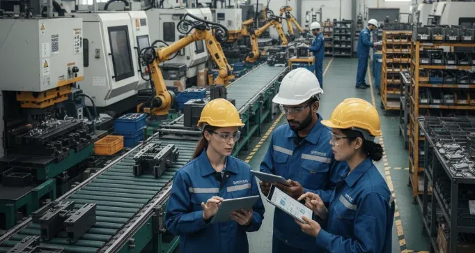 Usine de fabrication mécanique — lignes de production et opérateurs