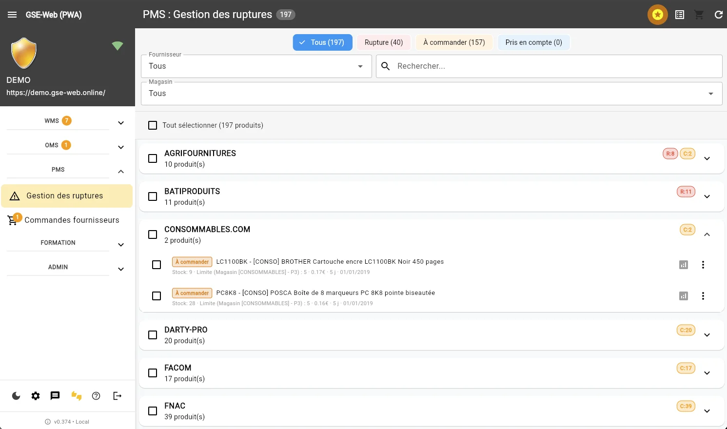 Tableau de bord GSE-Web avec alertes de stock minimum — graphiques colorés et interface claire